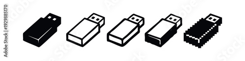 Collection of USB flash drive icons in solid, outline, and pixelated styles for digital storage.