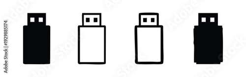 USB Flash Drive Icons Set in Flat Style with Various Outline and Pixel Art Designs