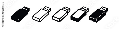 Set of black and white USB flash drive icons in various styles, vector illustration for data storage.