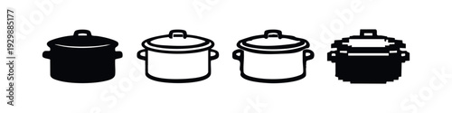 Cooking Pot Icons Set with Lid and Handles in Flat and Pixel Art Styles for Kitchen Designs
