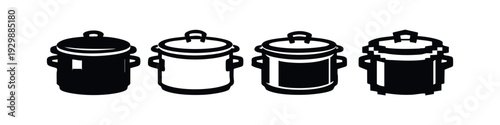 Modern Cooking Pot Icons with Varied Styles, Including Pixel Art for Kitchen Concepts