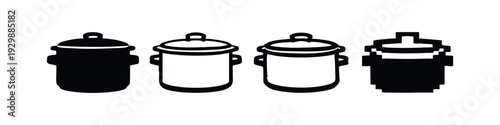 Assortment of Cooking Pot and Milk Can Icons in Black and White Flat and Pixel Art Styles