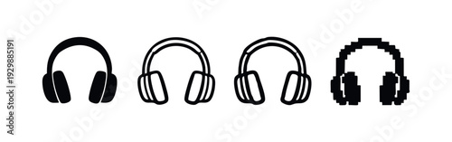 Headphone icon set. Music audio earphone symbols in solid, outline, and pixel art styles.