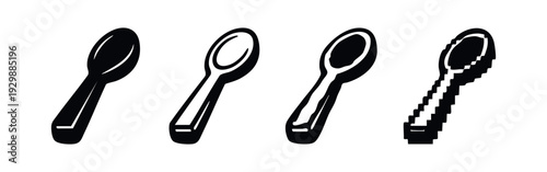Angled Spoon Icons Set Featuring 3D and Distinct Pixel Art for Culinary and Kitchen Themes