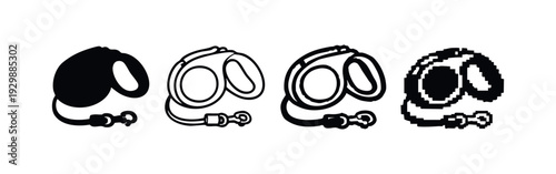 Retractable Dog Leash Outline and Pixel Art Icons Set (Angled View)