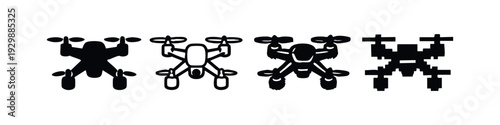 Minimalist Front View Drone Quadcopter Icons in Solid, Outline, Stylized, and Pixelated Formats