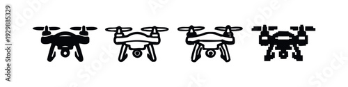 Drone Quadcopter Icons Set in Front View with Solid, Outline, Stylized, and Pixel Art Styles