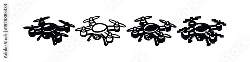 Varied Angled Drone Quadcopter Icons Set Featuring Solid, Outline, Stylized, and Pixel Art