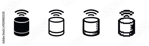 Cylindrical Smart Speaker Icons with Wireless Signal in Multiple Styles: Solid, Outline, Distressed, Pixel