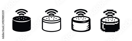 Smart Speaker and Voice Assistant Icons Set with Wireless Signal in Different Art Styles