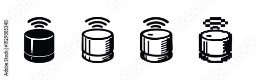 Modern AI Smart Speaker Icons in Solid, Outline, Distressed, and Pixel Art Styles on White Background
