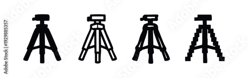 Camera Tripod Icons Set in Solid, Outline, Distressed, and Pixel Art Styles for Photography