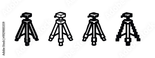 Geometric Camera Tripod Icons Collection: Modern, Distressed, and Pixel Art Variations on White