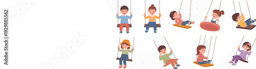 Diverse group of children playing on swings in cartoon style