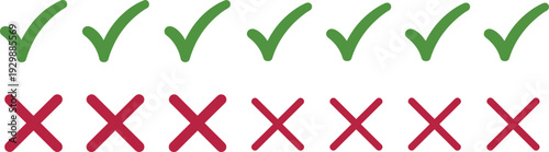 Green check marks and red crosses on white background Keywords: check mark, cross, x, correct