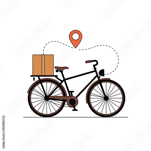 A bicycle with a cardboard box on the back rack and a location pin above it.