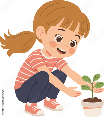 Young Girl Planting a Small Plant vector illustration