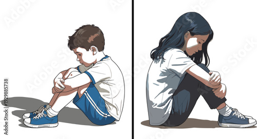 Two children sitting alone and looking down with sad expressions