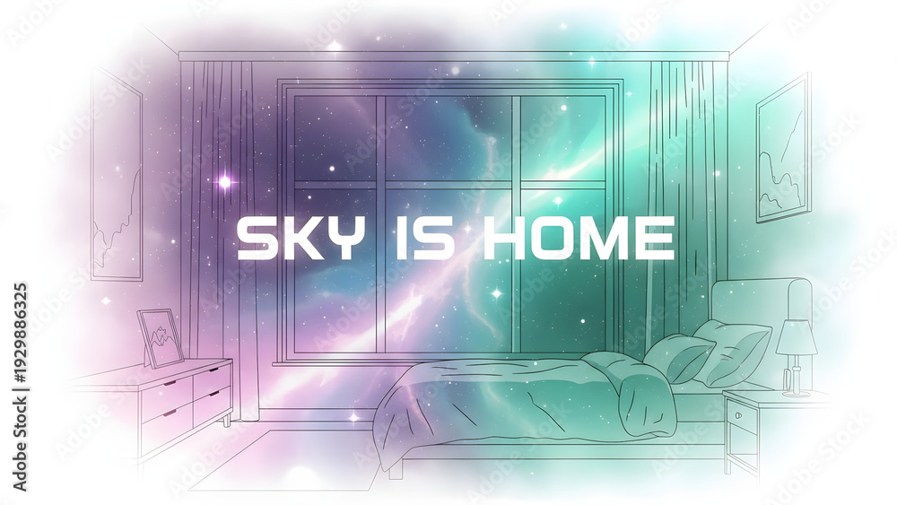Fototapeta premium Sky Is Home text illustration in colorful room with stars, April 12, International Day of Human Space Flight