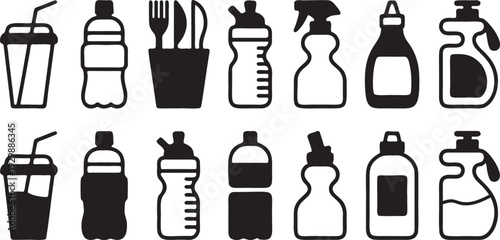 Plastic Bottles and Cleaning Containers Silhouette Icon Set