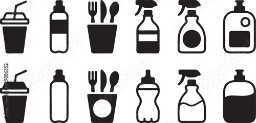 Plastic Containers and Household Bottles Silhouette Icon Set