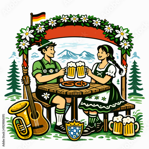 Traditional Bavarian Couple Beer Festival Illustration