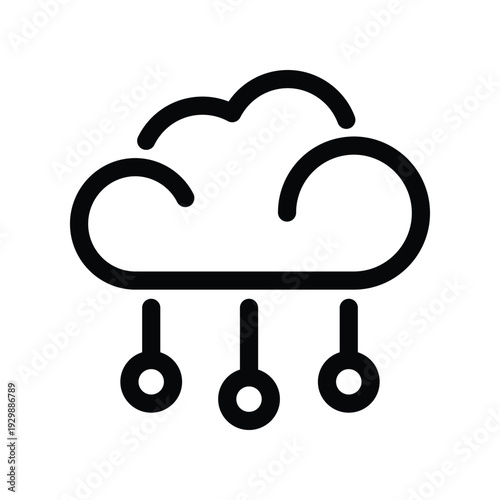 Minimalist AI cloud computing icon with tech rain. Neural network rain symbol, black outline vector on white background. Perfect for artificial intelligence, computing, and tech concepts