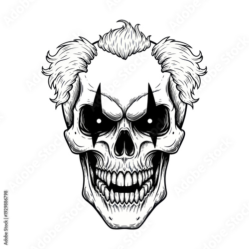 Scary Clown Skull with Wild Hair and Evil Eyes - Illustration