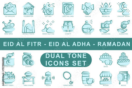 Eid Al - Fitr Dual Tone color icons set. contain almsgiving, dua prayer, eid envelope, bedug, cookies,  arom oil and more. Vector for modern concept, print, UI, UX kit, web and app development.