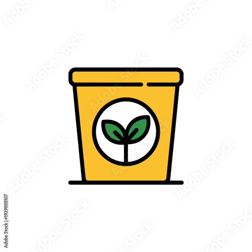 A simple illustration of a yellow pot with a green plant growing inside a circular logo.