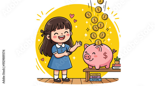 Cute Cartoon Girl with Piggy Bank and Falling Coins Financial Literacy Illustration