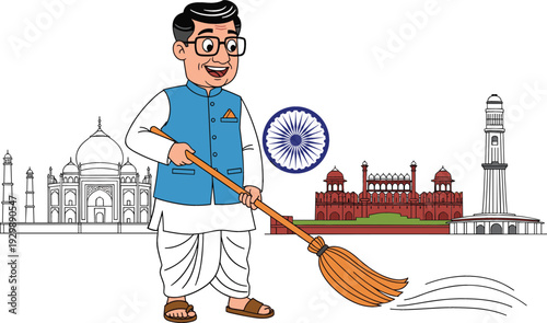 Indian man in traditional attire sweeping with broom in front of Indian landmarks and national symbols illustration