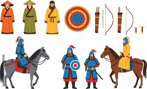 Ancient Asian warriors and archers illustration set with traditional costumes, bows, shields, and mounted soldiers