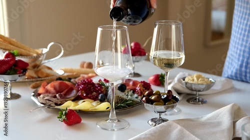 Elegant Charcuterie Board with Sparkling Wine Pour for Festive Celebrations