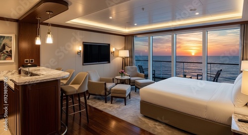 Luxurious ship cabin with ocean view at sunset