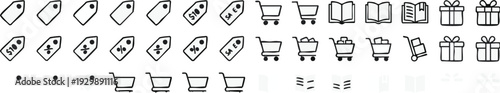 Set of shopping cart, gift box, and tag icons, representing commerce, sales, and retail activities for online stores and e-commerce platforms, suitable for digital design