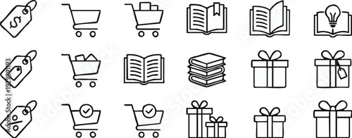 Diverse collection of outline icons representing various aspects of shopping, education, and festive celebrations, perfect for modern e-commerce websites, learning platforms, and event promotions
