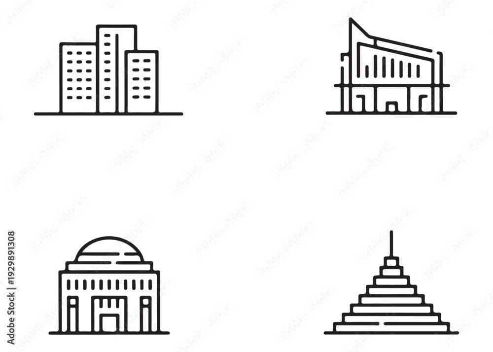 Naklejka premium Minimalist building and landmark line icon set: skyscraper, modern architecture, old church, pyramid