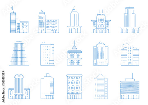 Set of building outline icons: modern architecture, skyscrapers, and contemporary structures