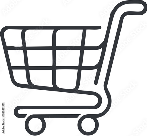 Simple line art shopping cart icon, embodying the digital commerce concept. Represents online retail, consumer purchasing for e-commerce platforms and apps