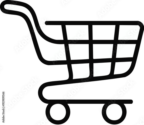 Clean outline illustration of a contemporary shopping cart, symbolizing online retail, consumer purchases, e-commerce activities, and market transactions, ideal for web design