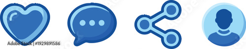 Collection of four blue social media icons a heart, chat bubble, sharing symbol, and user profile on a white background