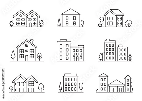 Suburban neighborhood building line icons set with family houses and multi story apartment structures