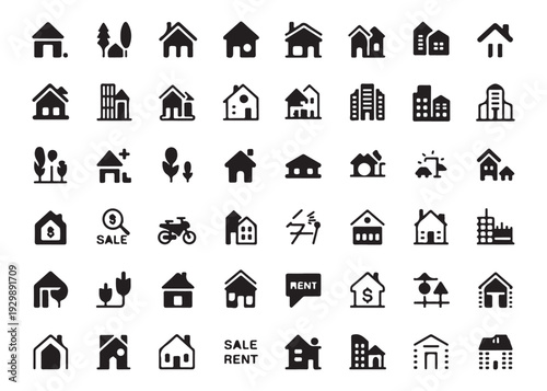 Assortment of house icons and urban building symbols in a clean and simple vector style.