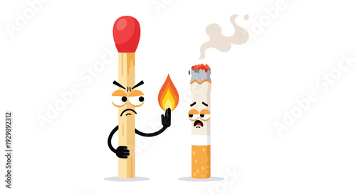 A cartoon match with an angry face holds its flame to a frightened cigarette with a worried expression, against a clean white background.