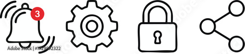Outline vector icons notification, settings, security, and share symbols, essential for web and mobile application design
