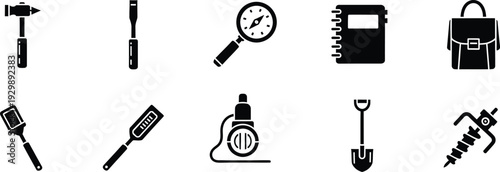 Black and white icons of archaeological and geological tools on a white background.