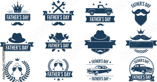 Set of Father’s Day vintage badges with mustache, crown, classic car, tools, and hat icons, cad drawing flat vector illustration.