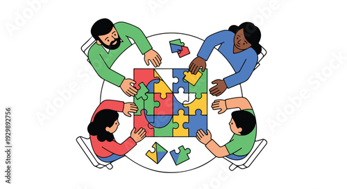 Diverse group of four people sitting around a table assembling colorful puzzle pieces together in a collaborative effort against a clean white background.