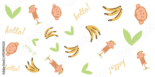 A colorful illustration of bananas and leaves on a white background